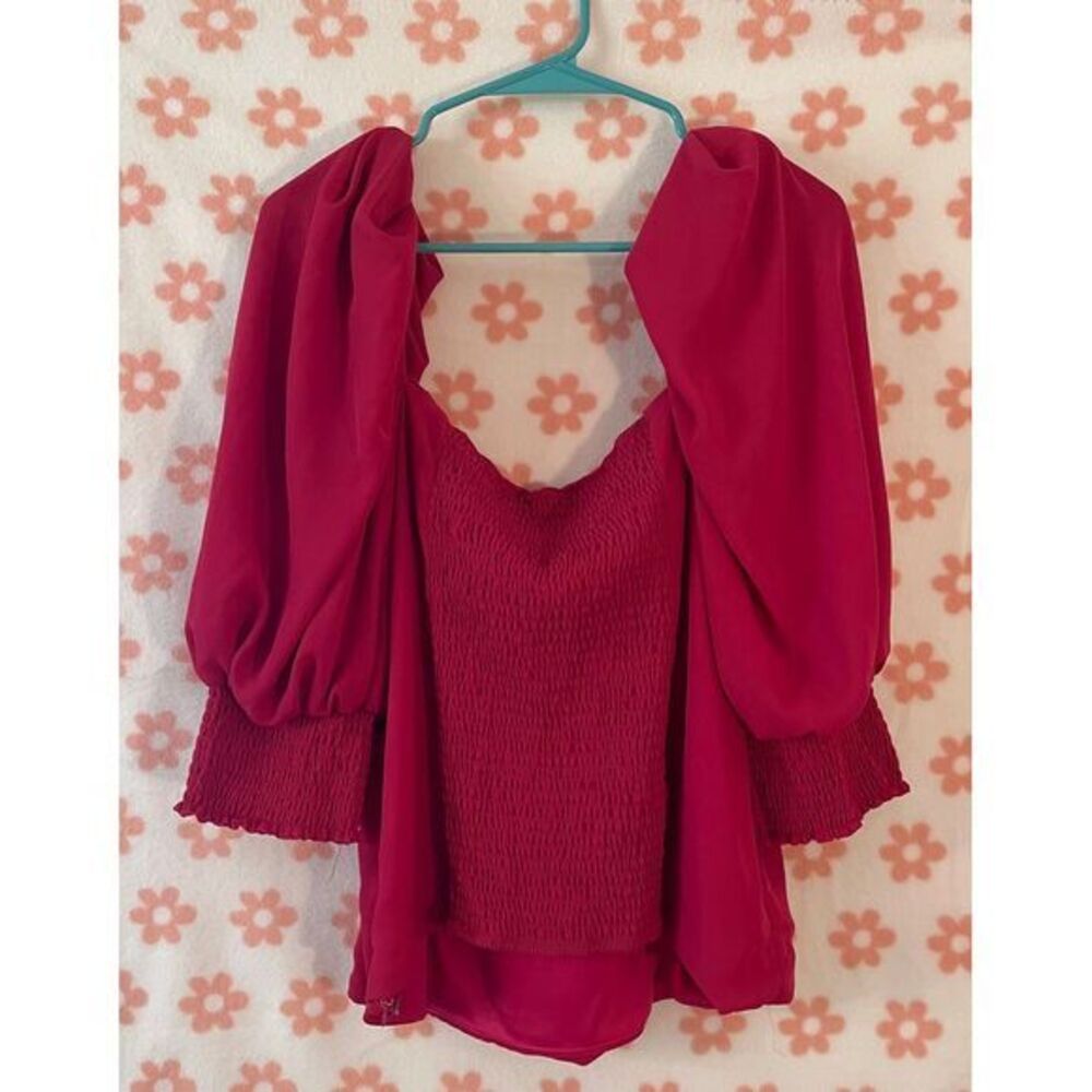 Ashley Stewart Stylish Red Puff Sleeve‎ Smocked Top Romantic Date Size 18/20 - Picture 2 of 3